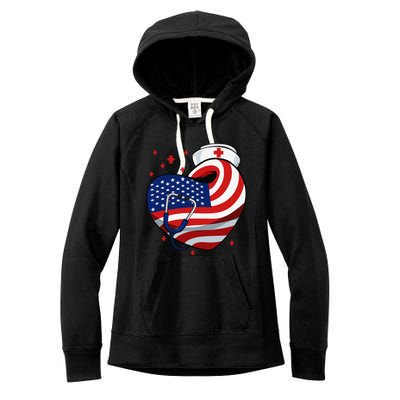 Patriotic Nurse 4th Of July American Flag Heart Stethoscope Women's Fleece Hoodie