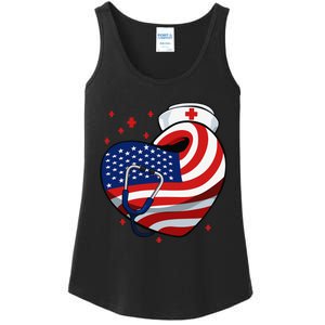 Patriotic Nurse 4th Of July American Flag Heart Stethoscope Ladies Essential Tank