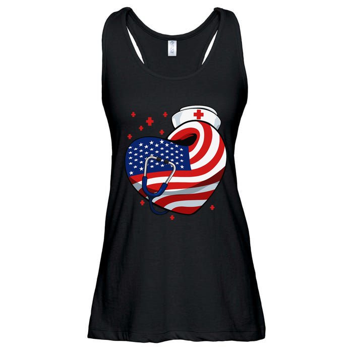 Patriotic Nurse 4th Of July American Flag Heart Stethoscope Ladies Essential Flowy Tank