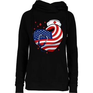 Patriotic Nurse 4th Of July American Flag Heart Stethoscope Womens Funnel Neck Pullover Hood