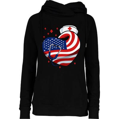 Patriotic Nurse 4th Of July American Flag Heart Stethoscope Womens Funnel Neck Pullover Hood