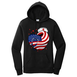 Patriotic Nurse 4th Of July American Flag Heart Stethoscope Women's Pullover Hoodie