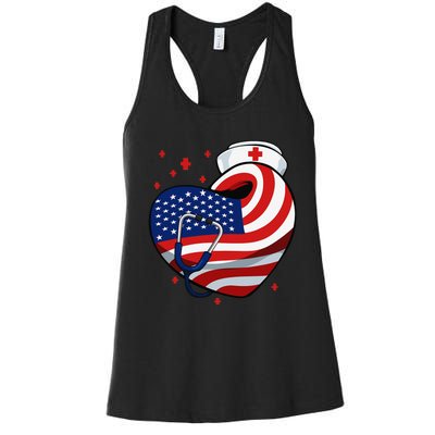 Patriotic Nurse 4th Of July American Flag Heart Stethoscope Women's Racerback Tank