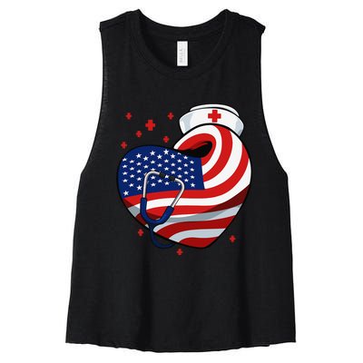 Patriotic Nurse 4th Of July American Flag Heart Stethoscope Women's Racerback Cropped Tank