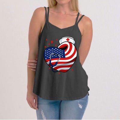 Patriotic Nurse 4th Of July American Flag Heart Stethoscope Women's Strappy Tank