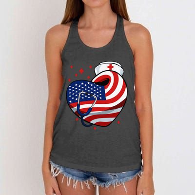 Patriotic Nurse 4th Of July American Flag Heart Stethoscope Women's Knotted Racerback Tank