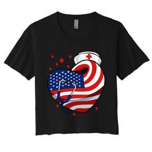 Patriotic Nurse 4th Of July American Flag Heart Stethoscope Women's Crop Top Tee