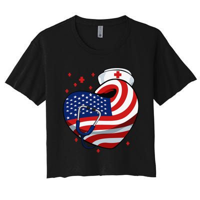 Patriotic Nurse 4th Of July American Flag Heart Stethoscope Women's Crop Top Tee