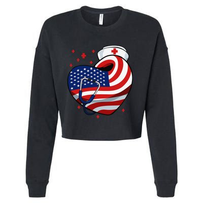 Patriotic Nurse 4th Of July American Flag Heart Stethoscope Cropped Pullover Crew