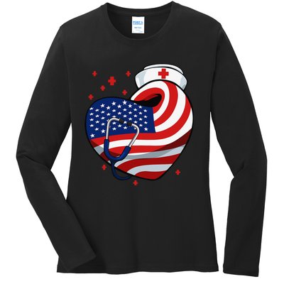 Patriotic Nurse 4th Of July American Flag Heart Stethoscope Ladies Long Sleeve Shirt