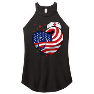 Patriotic Nurse 4th Of July American Flag Heart Stethoscope Women's Perfect Tri Rocker Tank