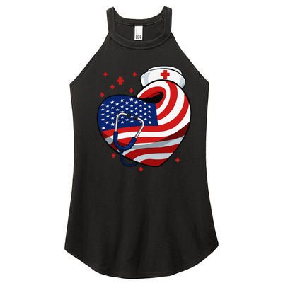 Patriotic Nurse 4th Of July American Flag Heart Stethoscope Women's Perfect Tri Rocker Tank