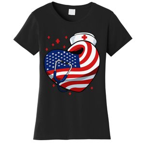 Patriotic Nurse 4th Of July American Flag Heart Stethoscope Women's T-Shirt