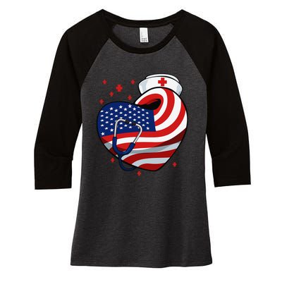 Patriotic Nurse 4th Of July American Flag Heart Stethoscope Women's Tri-Blend 3/4-Sleeve Raglan Shirt