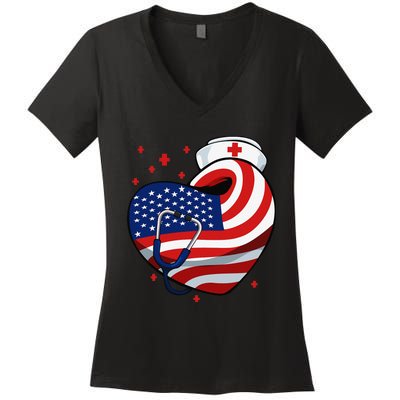 Patriotic Nurse 4th Of July American Flag Heart Stethoscope Women's V-Neck T-Shirt