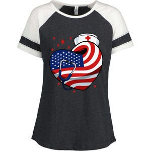 Patriotic Nurse 4th Of July American Flag Heart Stethoscope Enza Ladies Jersey Colorblock Tee