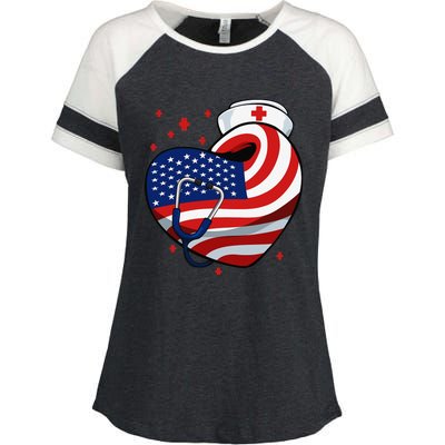 Patriotic Nurse 4th Of July American Flag Heart Stethoscope Enza Ladies Jersey Colorblock Tee