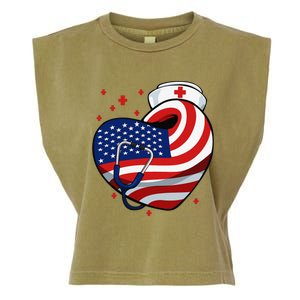 Patriotic Nurse 4th Of July American Flag Heart Stethoscope Garment-Dyed Women's Muscle Tee