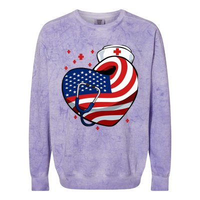 Patriotic Nurse 4th Of July American Flag Heart Stethoscope Colorblast Crewneck Sweatshirt