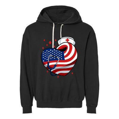 Patriotic Nurse 4th Of July American Flag Heart Stethoscope Garment-Dyed Fleece Hoodie