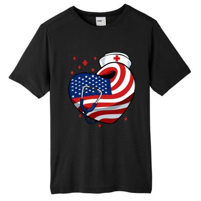 Patriotic Nurse 4th Of July American Flag Heart Stethoscope Tall Fusion ChromaSoft Performance T-Shirt