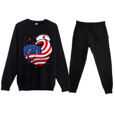 Patriotic Nurse 4th Of July American Flag Heart Stethoscope Premium Crewneck Sweatsuit Set