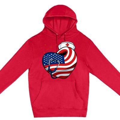 Patriotic Nurse 4th Of July American Flag Heart Stethoscope Premium Pullover Hoodie