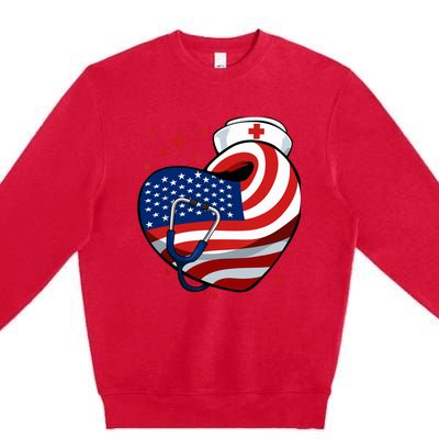 Patriotic Nurse 4th Of July American Flag Heart Stethoscope Premium Crewneck Sweatshirt