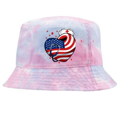 Patriotic Nurse 4th Of July American Flag Heart Stethoscope Tie-Dyed Bucket Hat