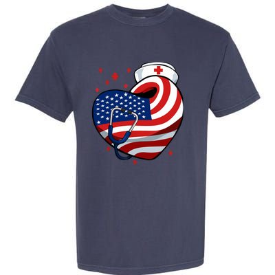 Patriotic Nurse 4th Of July American Flag Heart Stethoscope Garment-Dyed Heavyweight T-Shirt