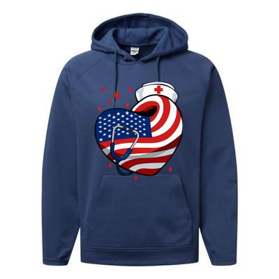 Patriotic Nurse 4th Of July American Flag Heart Stethoscope Performance Fleece Hoodie