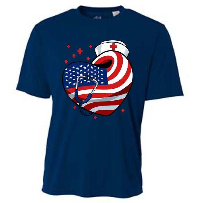 Patriotic Nurse 4th Of July American Flag Heart Stethoscope Cooling Performance Crew T-Shirt