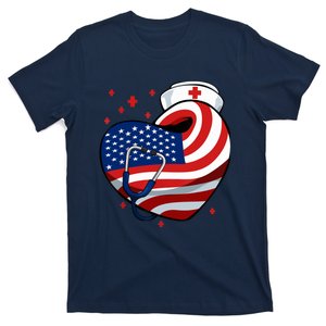 Patriotic Nurse 4th Of July American Flag Heart Stethoscope T-Shirt