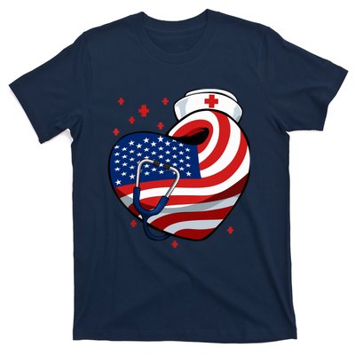 Patriotic Nurse 4th Of July American Flag Heart Stethoscope T-Shirt