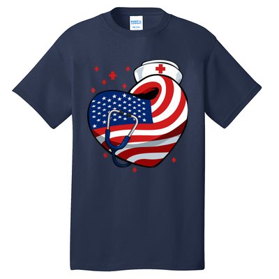 Patriotic Nurse 4th Of July American Flag Heart Stethoscope Tall T-Shirt