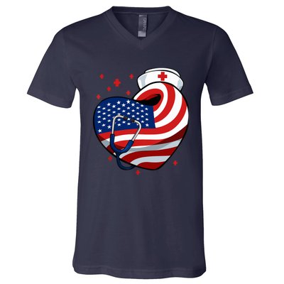 Patriotic Nurse 4th Of July American Flag Heart Stethoscope V-Neck T-Shirt