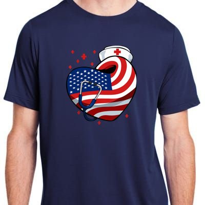 Patriotic Nurse 4th Of July American Flag Heart Stethoscope Adult ChromaSoft Performance T-Shirt