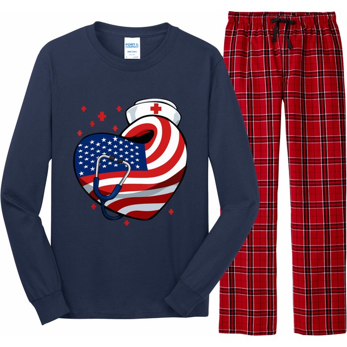 Patriotic Nurse 4th Of July American Flag Heart Stethoscope Long Sleeve Pajama Set