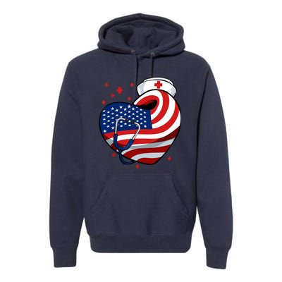 Patriotic Nurse 4th Of July American Flag Heart Stethoscope Premium Hoodie