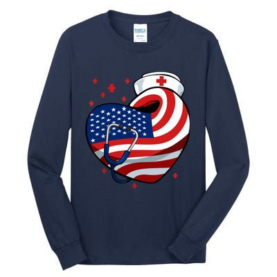 Patriotic Nurse 4th Of July American Flag Heart Stethoscope Tall Long Sleeve T-Shirt