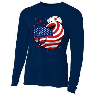 Patriotic Nurse 4th Of July American Flag Heart Stethoscope Cooling Performance Long Sleeve Crew