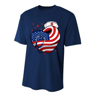 Patriotic Nurse 4th Of July American Flag Heart Stethoscope Performance Sprint T-Shirt