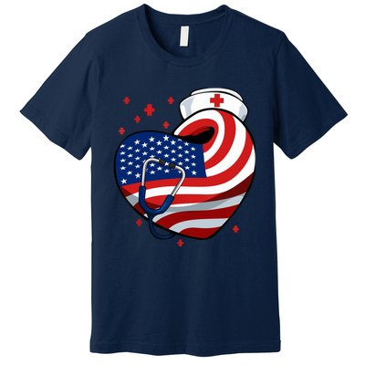 Patriotic Nurse 4th Of July American Flag Heart Stethoscope Premium T-Shirt