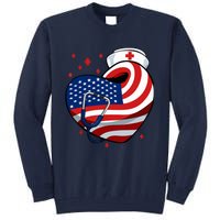 Patriotic Nurse 4th Of July American Flag Heart Stethoscope Tall Sweatshirt