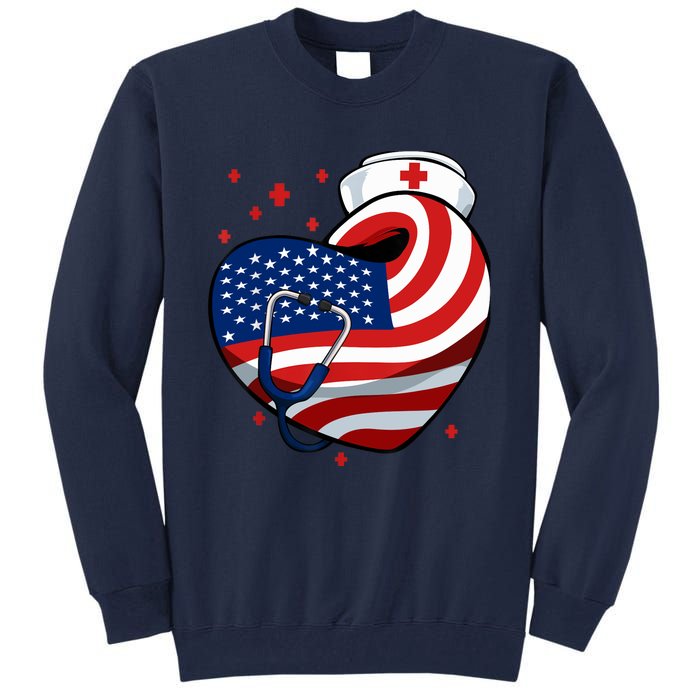 Patriotic Nurse 4th Of July American Flag Heart Stethoscope Tall Sweatshirt