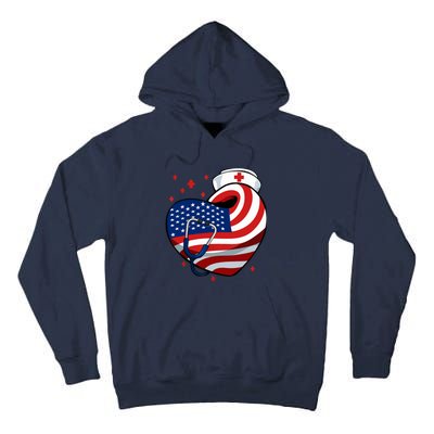 Patriotic Nurse 4th Of July American Flag Heart Stethoscope Tall Hoodie