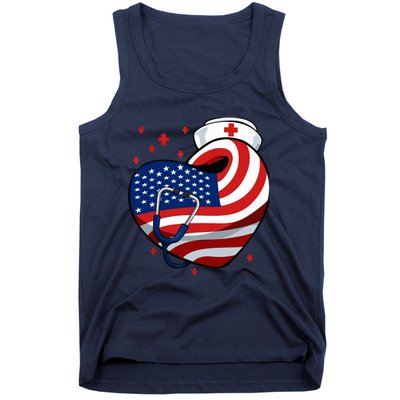 Patriotic Nurse 4th Of July American Flag Heart Stethoscope Tank Top