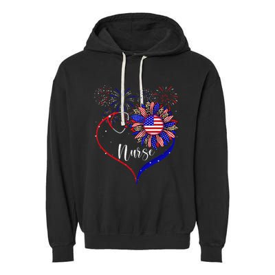 Patriotic Nurse 4th Of July American Flag Sunflower Love Garment-Dyed Fleece Hoodie