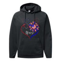 Patriotic Nurse 4th Of July American Flag Sunflower Love Performance Fleece Hoodie