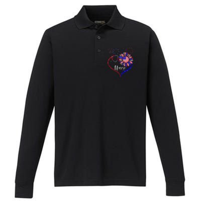 Patriotic Nurse 4th Of July American Flag Sunflower Love Performance Long Sleeve Polo